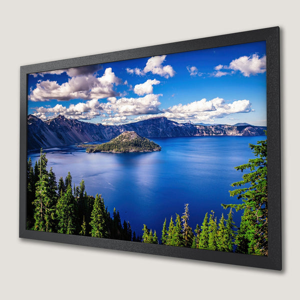 Framed Poster of Crater Lake landscape. Vibrant blue, green, and white color palette. Bring nature's beauty into your home.