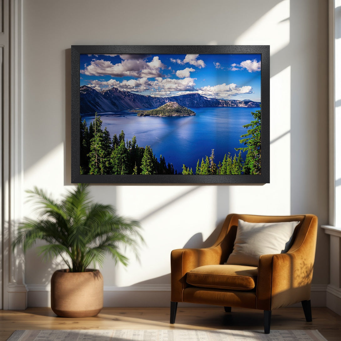 Framed Poster of scenic lake landscape, vibrant blue water, green trees, and mountains. Perfect wall art with a natural color palette.