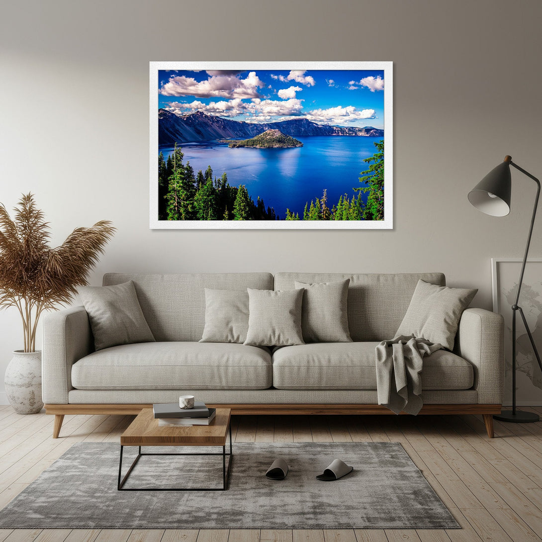Framed Poster of Crater Lake landscape with blue, green, and white hues. Modern art print for home decor.