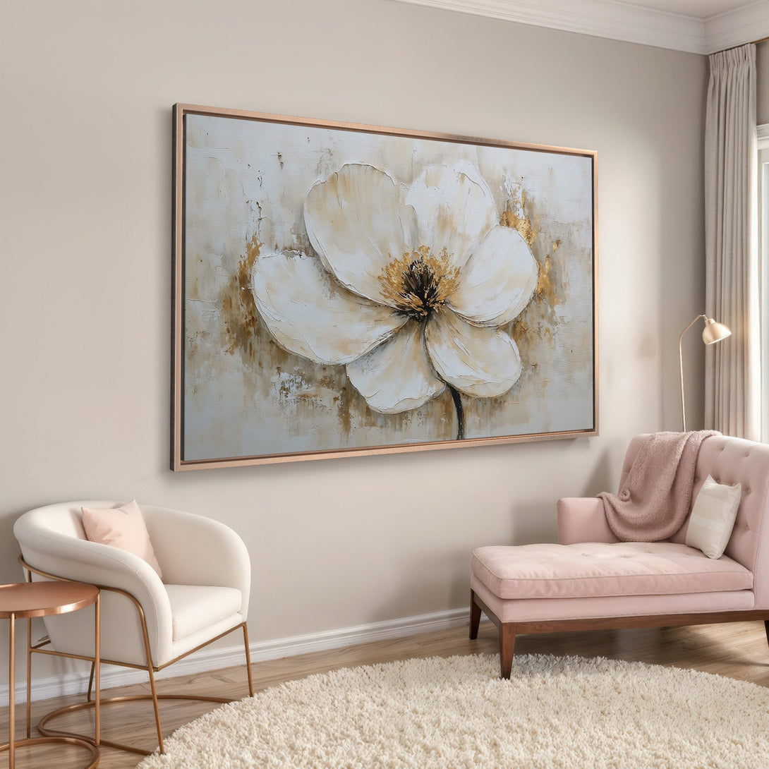 Framed Wall Art: Large white flower painting with gold accents, displayed in a modern interior. Neutral color palette, perfect for adding elegance to your space.