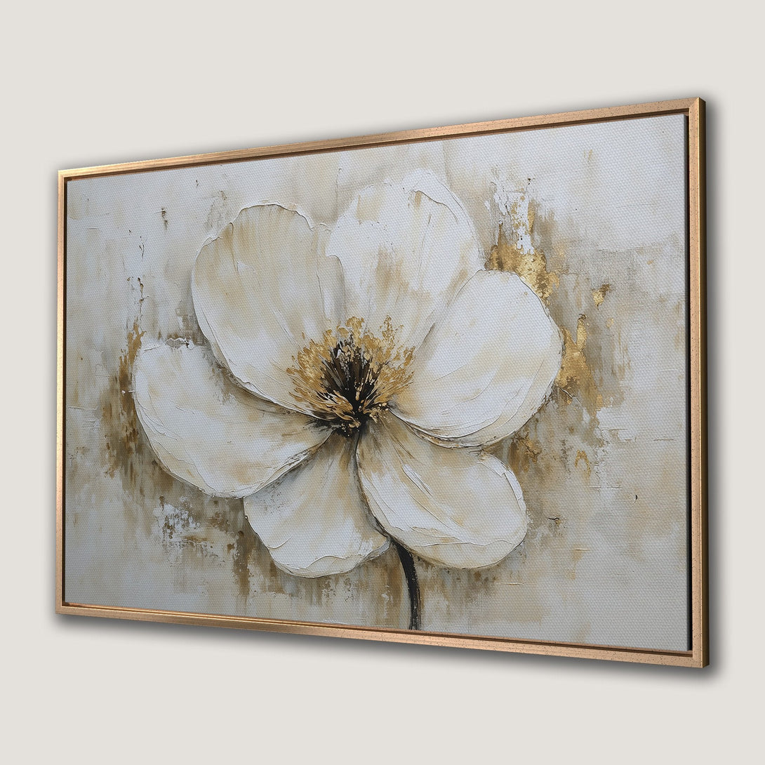 Framed Wall Art: Textured white flower painting with gold accents. Elegant floral art in neutral tones, perfect for adding a touch of sophistication.