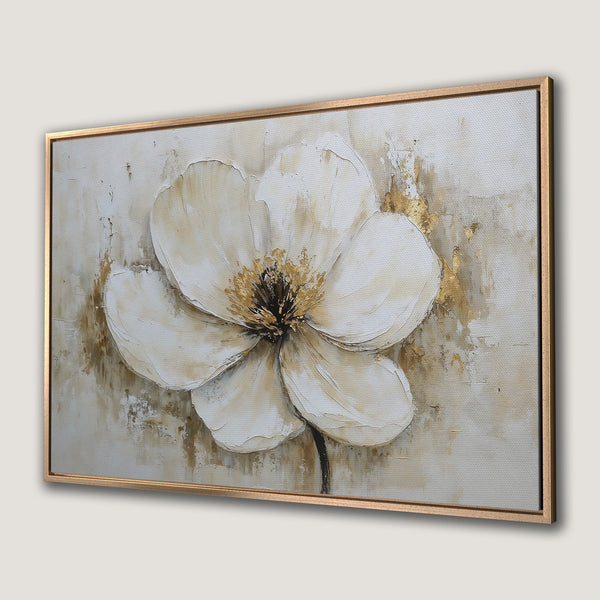 Framed Wall Art: Textured white flower painting with gold accents. Elegant floral art in neutral tones, perfect for adding a touch of sophistication.