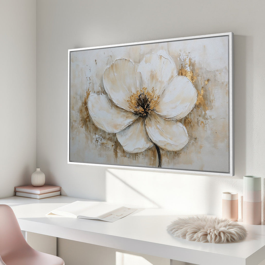 Framed Wall Art: Abstract floral canvas print in neutral tones. Modern art with white, gold, and beige palette, perfect for minimalist decor.