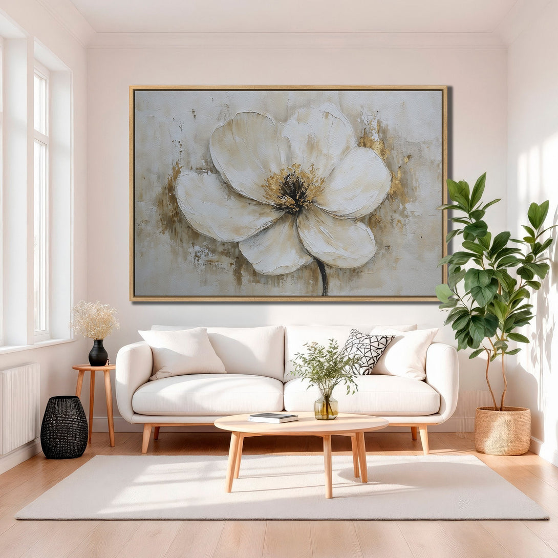Framed Wall Art featuring a large, abstract flower painting in neutral tones. Perfect for adding a touch of elegance and warmth to any living room.