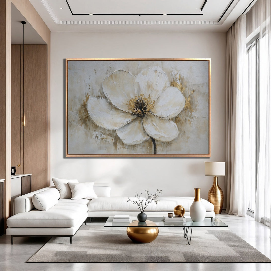 Framed Wall Art: Large abstract flower painting in neutral tones. Modern interior design with a gold, white, and beige color palette.