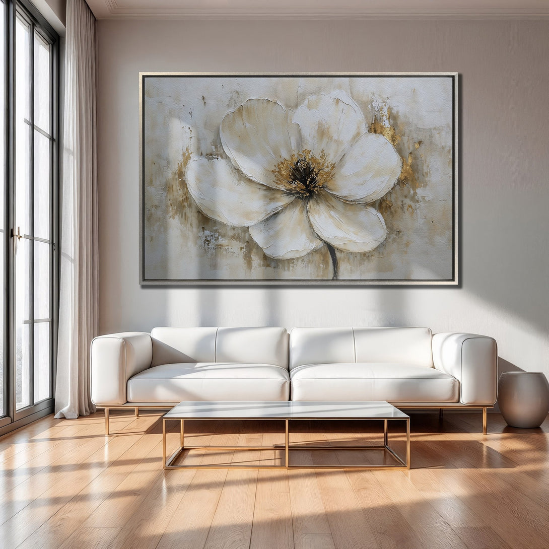 Framed Wall Art: Large abstract flower painting in neutral tones. Modern art for living room decor, featuring a beige and gold color palette.