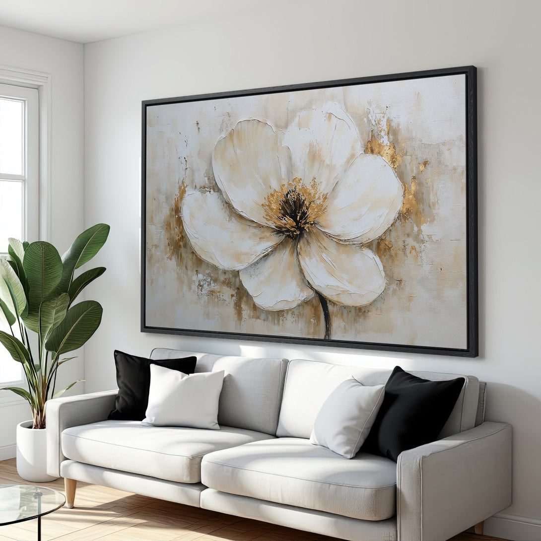 Framed Wall Art: Modern floral canvas print in neutral tones. Elegant white flower with gold accents, perfect for living room decor.