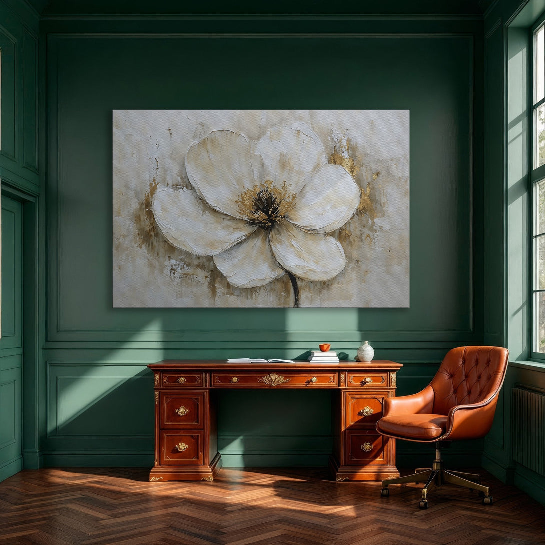 Framed Wall Art: Elegant floral canvas print in neutral tones. Modern abstract style with gold accents, perfect for dining room decor.