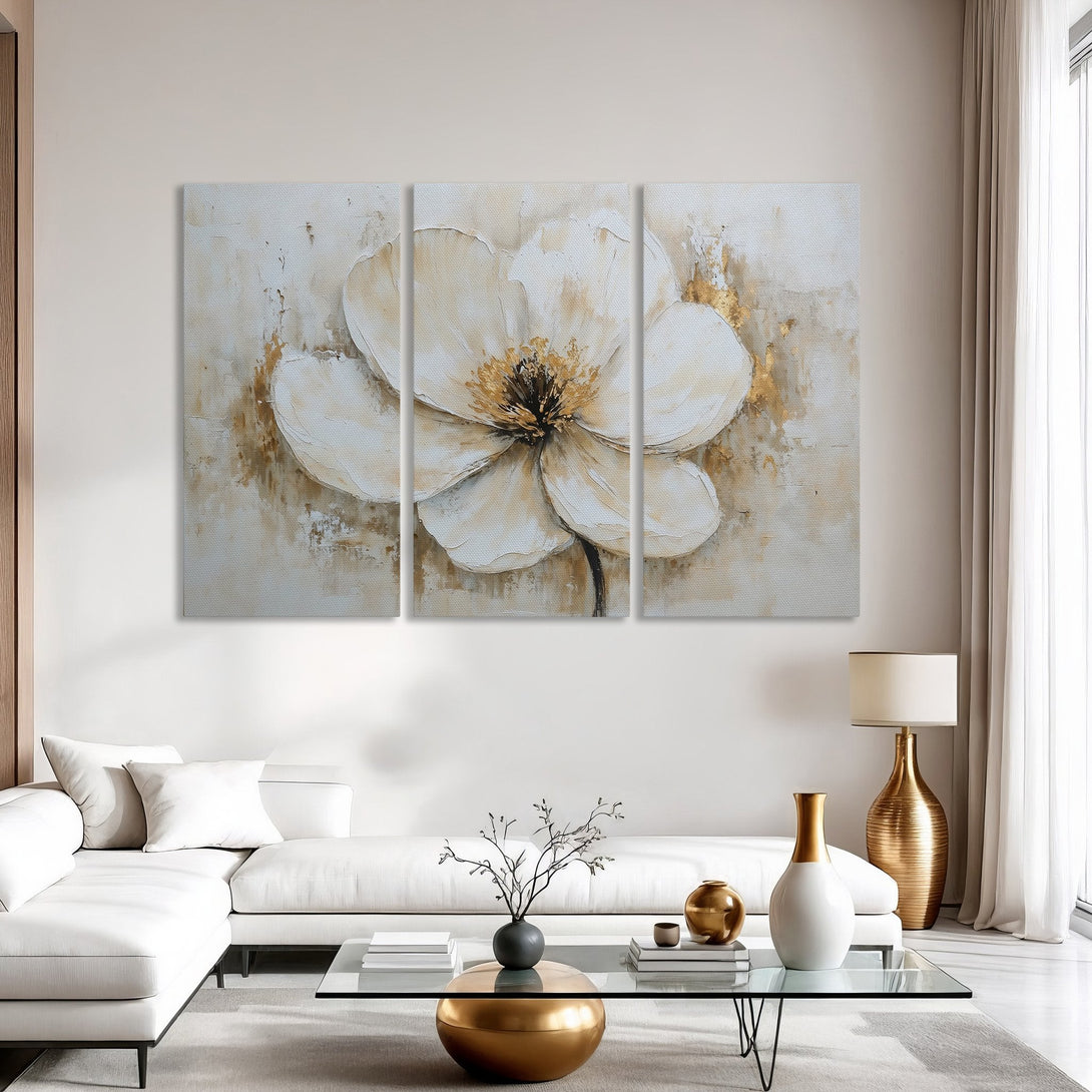 Abstract Canvas Print of a white flower with gold accents. Modern art in neutral beige tones, perfect for living room decor.