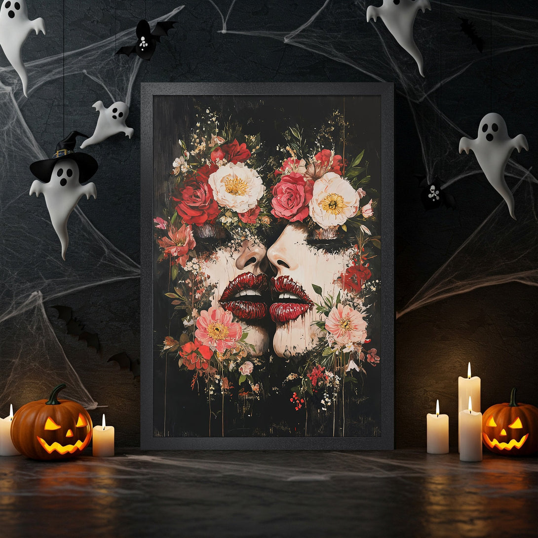 Framed Poster: Floral kiss art with red & white flowers, dark & moody style, perfect for Halloween decor.