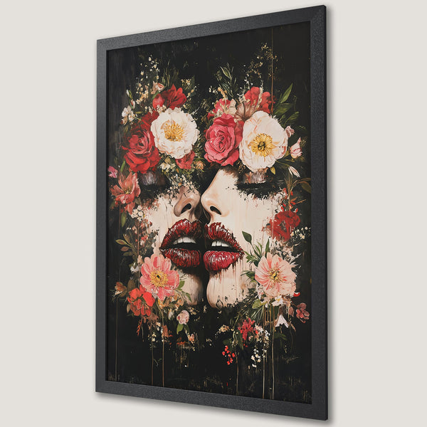 Framed Poster featuring a woman's face with floral crown, artistic style, rich red and black color palette. Perfect wall art!