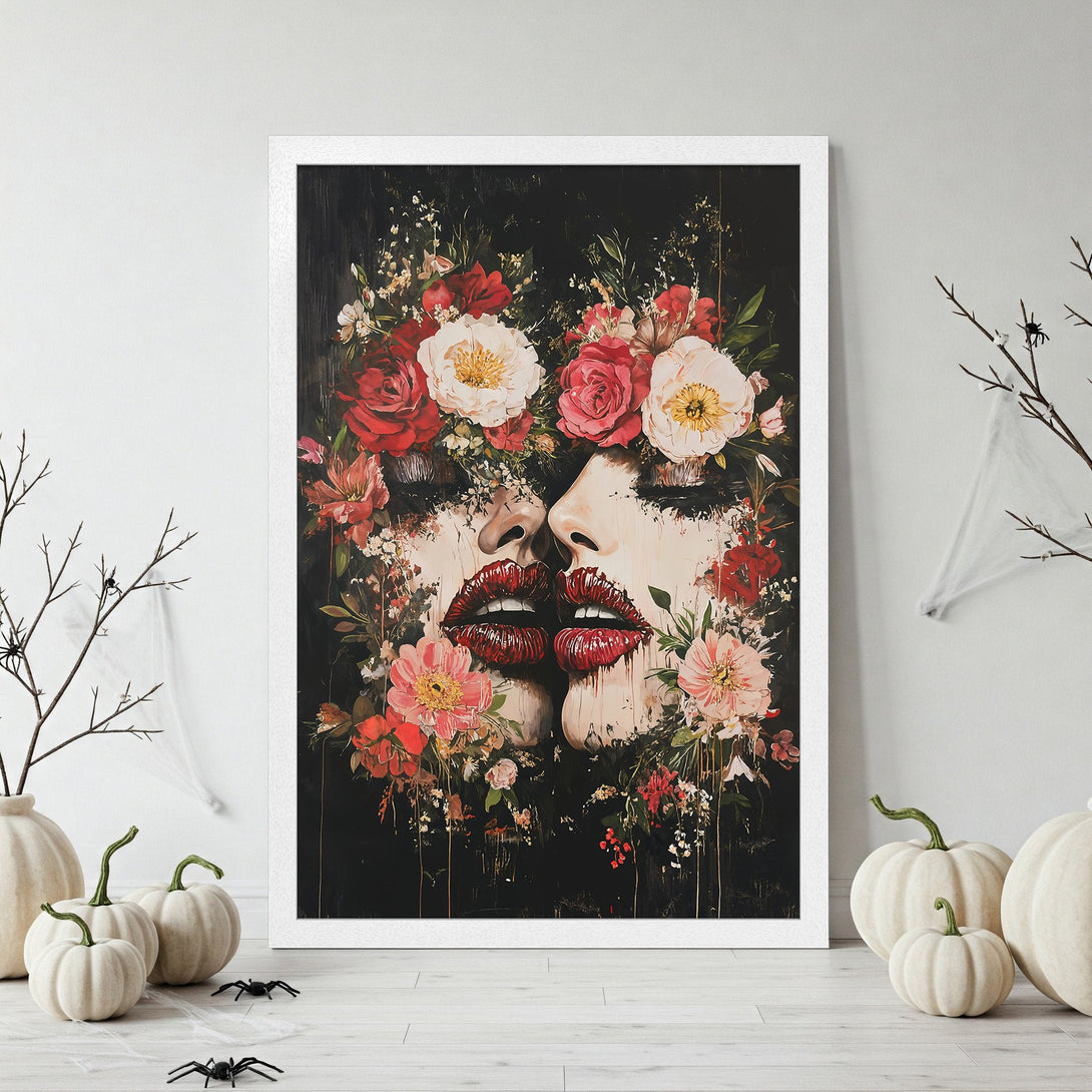Framed Poster featuring a woman's face with floral elements. Dark, moody style with red, white, and black color palette. Perfect wall art!