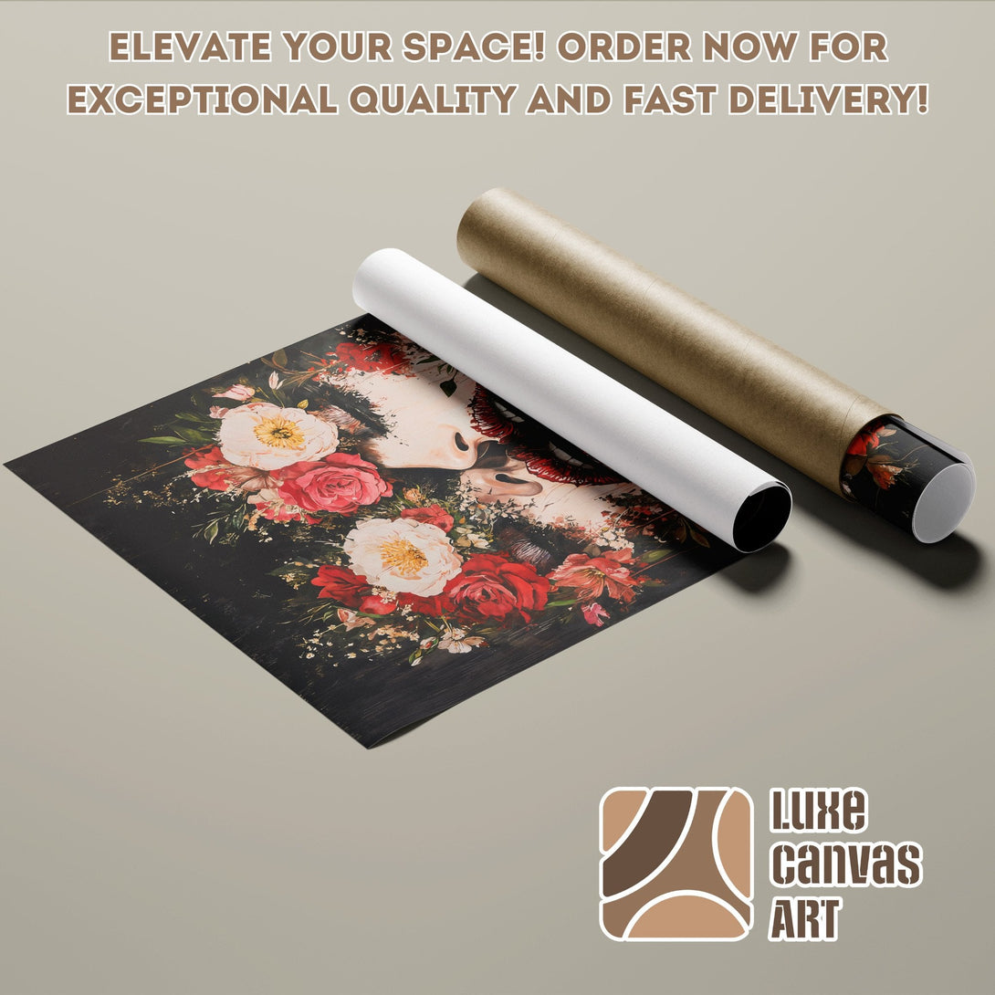 Floral art poster roll with dark background, red and white flowers. Elevate your space with this stunning poster!
