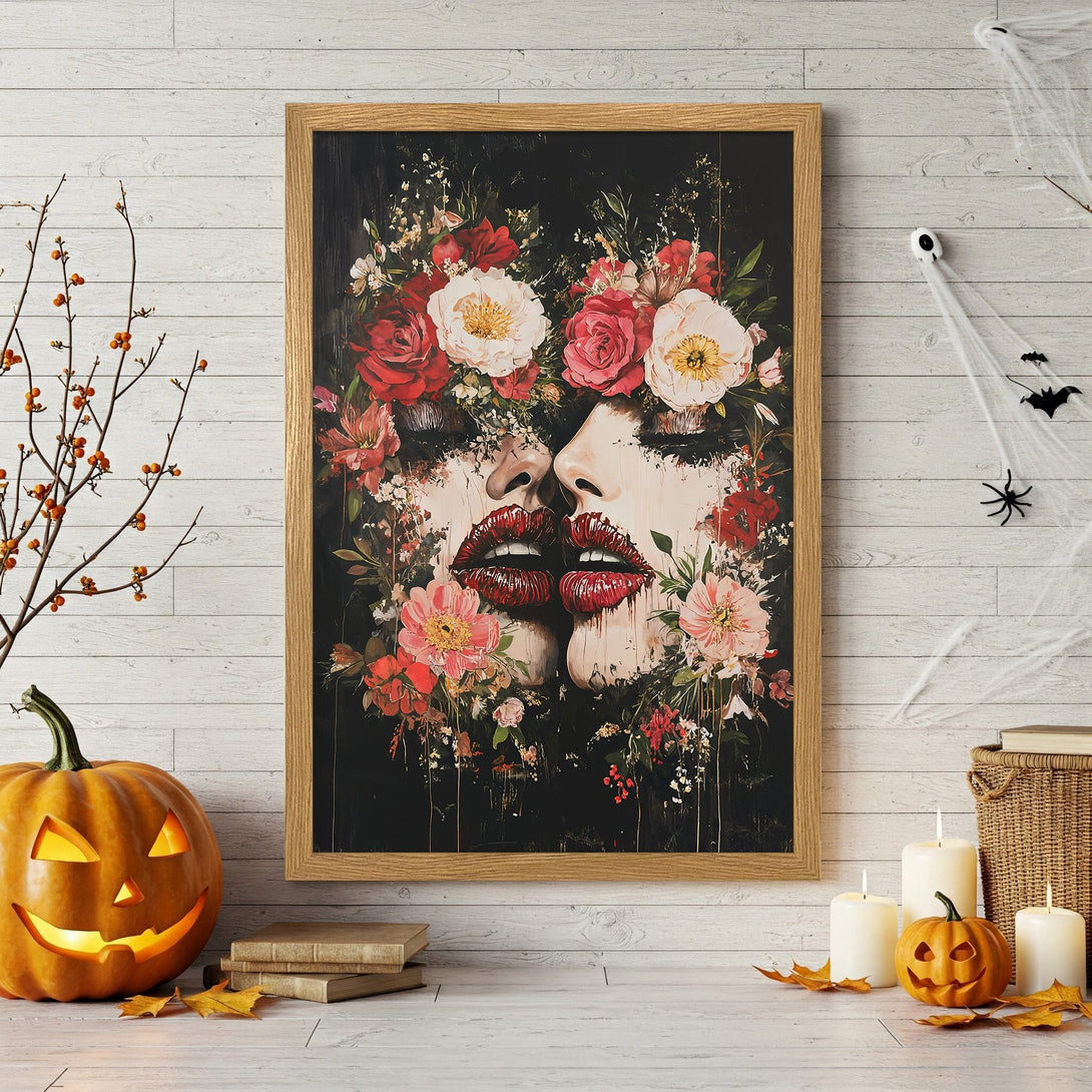 Framed Poster featuring a kiss with floral elements. Dark, romantic art with red, pink, and black color palette. Perfect for Halloween decor.