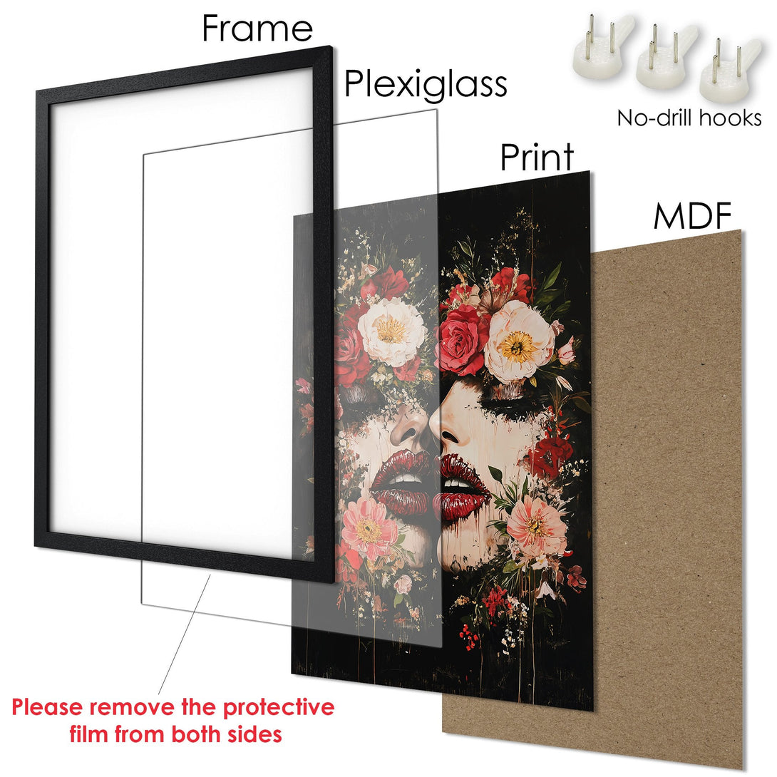 Framed Poster featuring a woman with floral accents in a dark, artistic style. Rich red, pink, and black color palette.