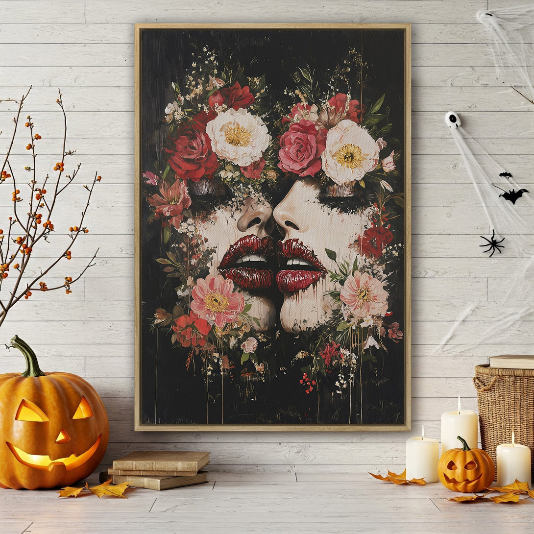 Framed Wall Art featuring a woman's face with floral design, dark background, and red/pink/white color palette. Perfect for Halloween decor!