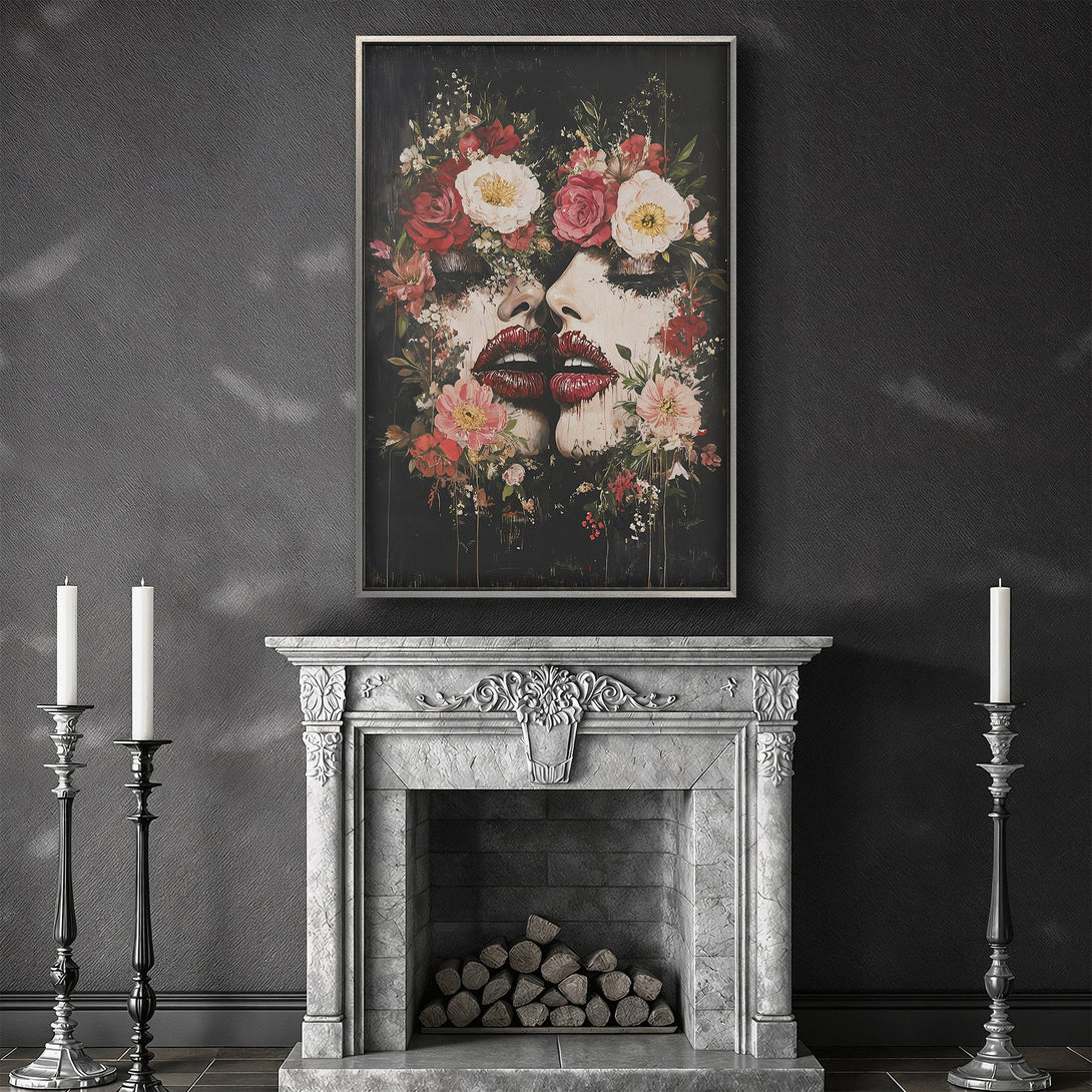 Framed Wall Art featuring a floral face design with red and white blooms. Moody, dark color palette perfect for modern interior decor.