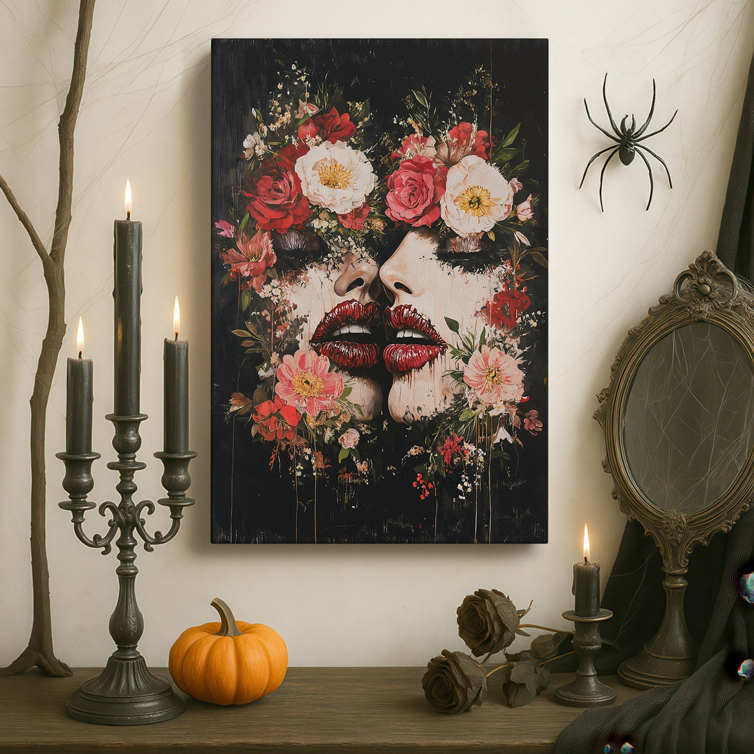 Framed Wall Art: Floral face art in a dark, moody interior. Rich red & white flowers pop against a black background. Perfect for a statement piece.