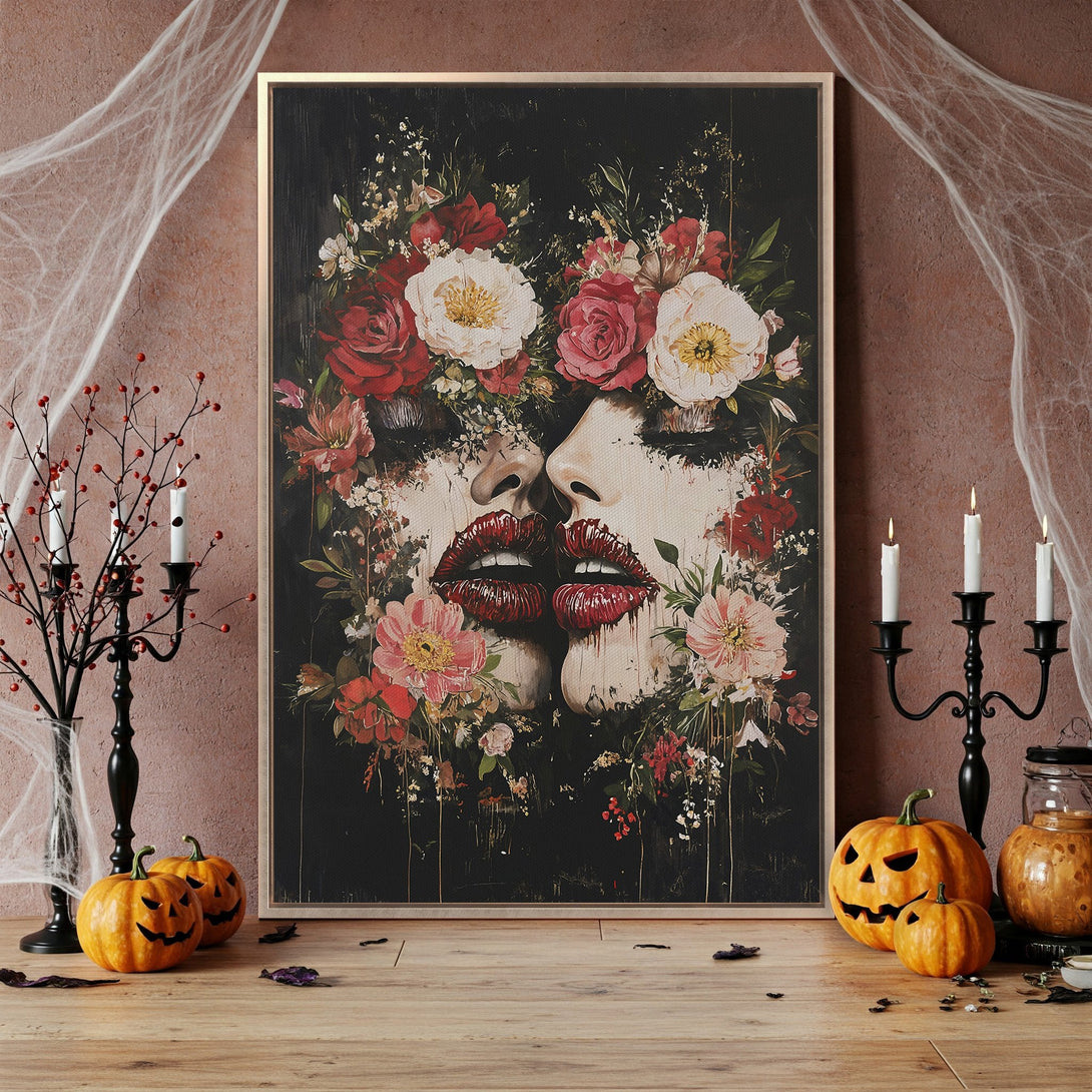 Framed Wall Art: Moody floral portrait canvas print in red, black, and cream. Perfect for Halloween decor and adding a touch of gothic elegance.
