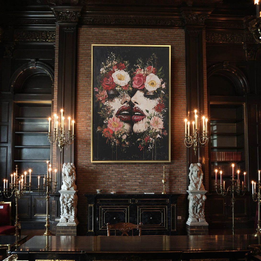 Canvas Print: Dark floral art with red and white blooms, featuring a woman's face. Moody, gothic style with a black, red, and cream color palette.