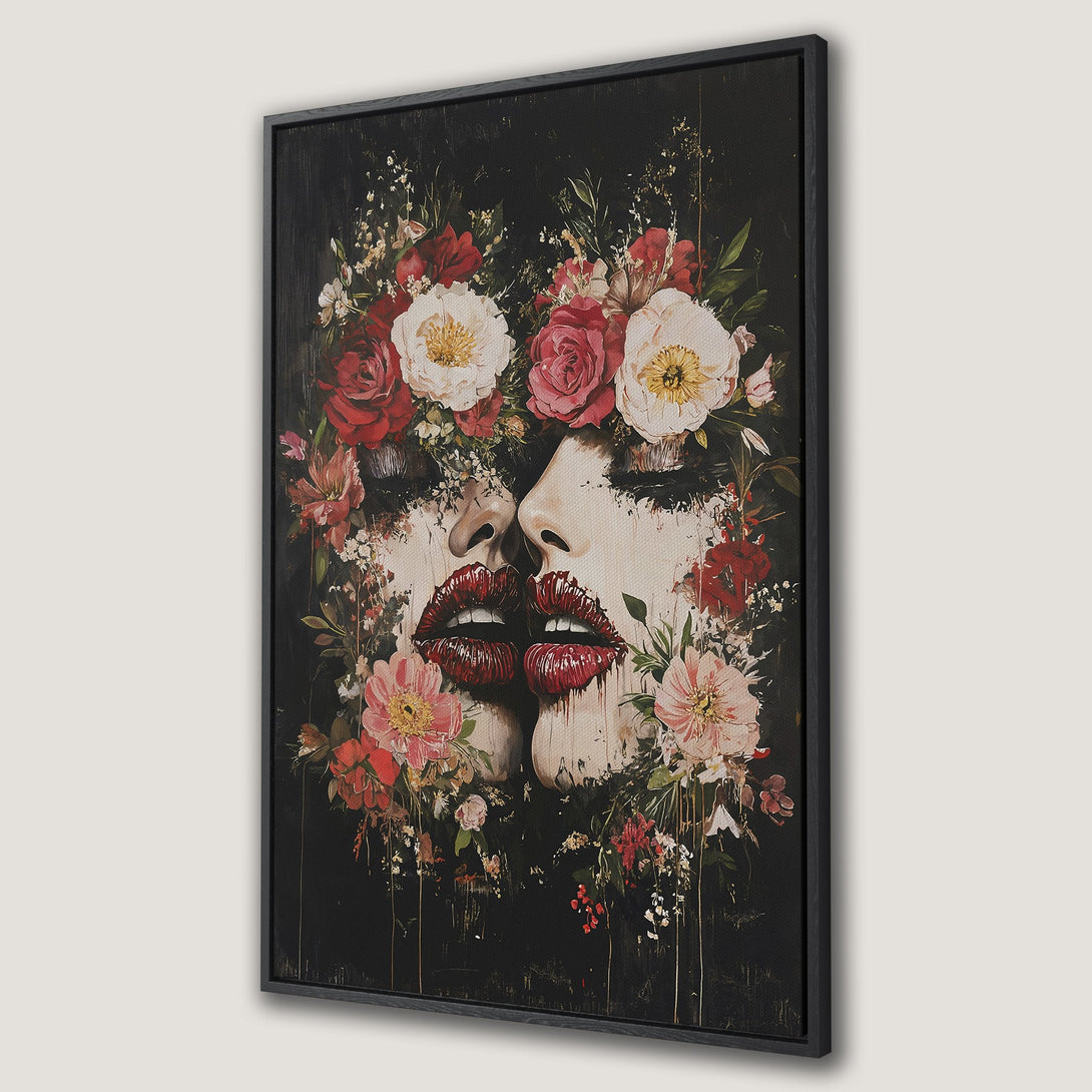 Framed Wall Art: Romantic floral portrait with red & white blooms. Dark, moody color palette. Perfect for adding a touch of elegance to your home.