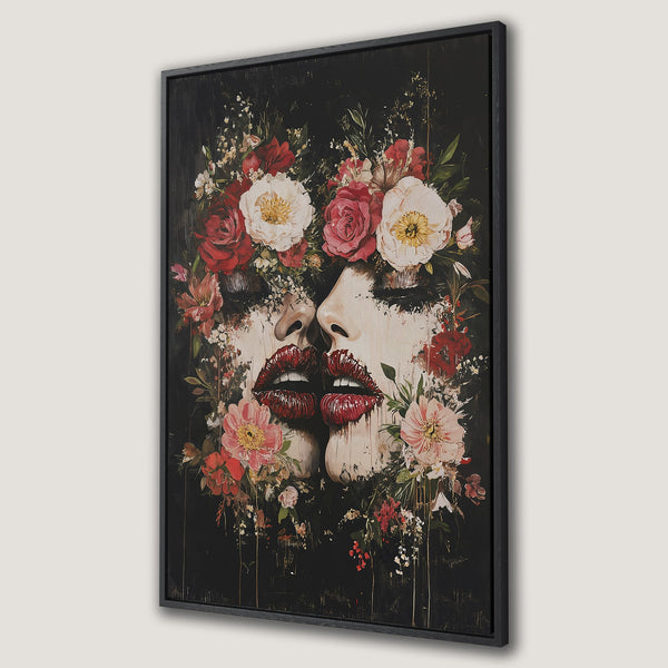 Framed Wall Art: Romantic floral portrait with red & white blooms. Dark, moody color palette. Perfect for adding a touch of elegance to your home.