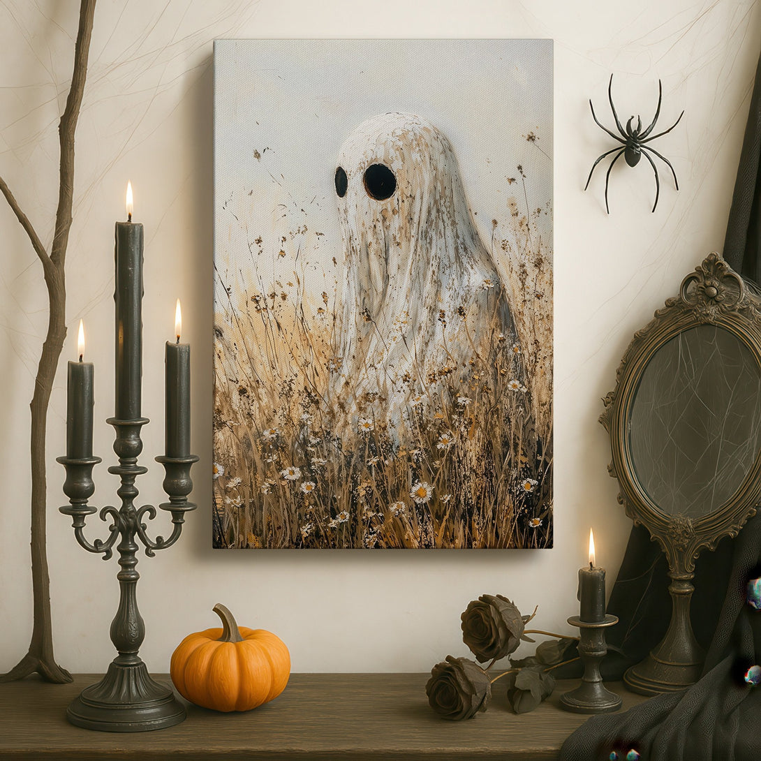 Framed Wall Art featuring a whimsical ghost in a field, displayed in a luxurious interior. Neutral color palette with gold frame, perfect for adding character to any space.