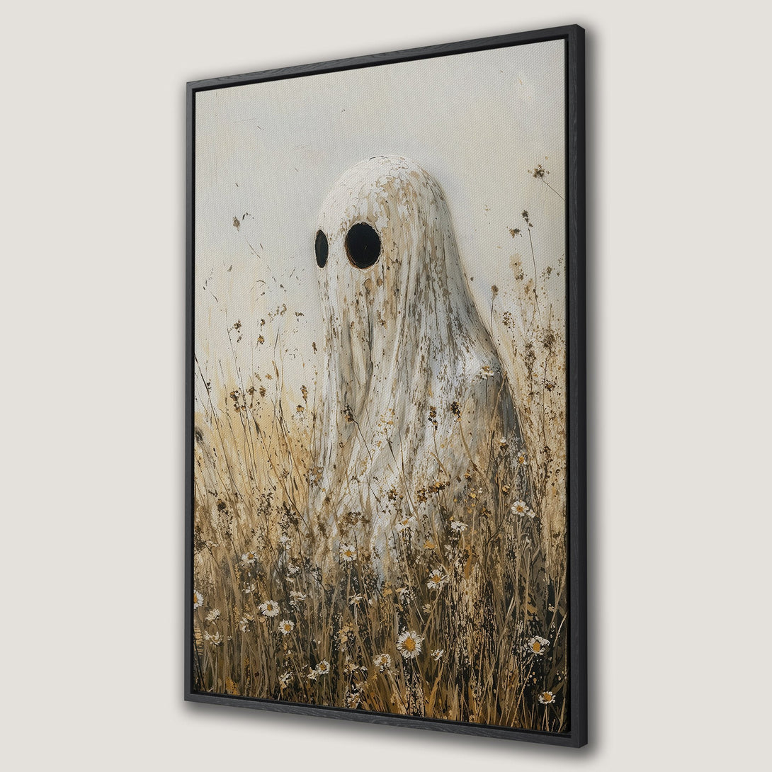 Framed Wall Art: Spooky ghost in a field of wildflowers. Neutral color palette with beige, brown, and white. Perfect for adding a touch of whimsy.