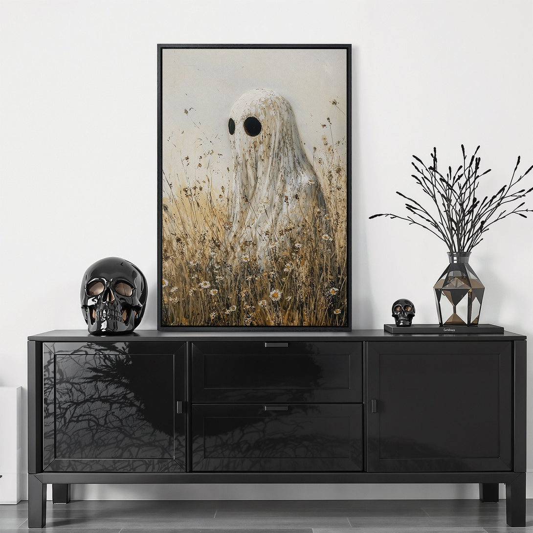 Framed Wall Art featuring a haunting ghost in a field, neutral color palette. Perfect for adding a touch of spooky elegance to your home decor.