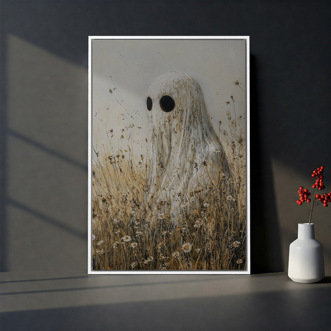 Framed Wall Art featuring a ghostly figure in a field of flowers, painted in a muted, neutral palette. Perfect for adding a touch of mystery to your space.