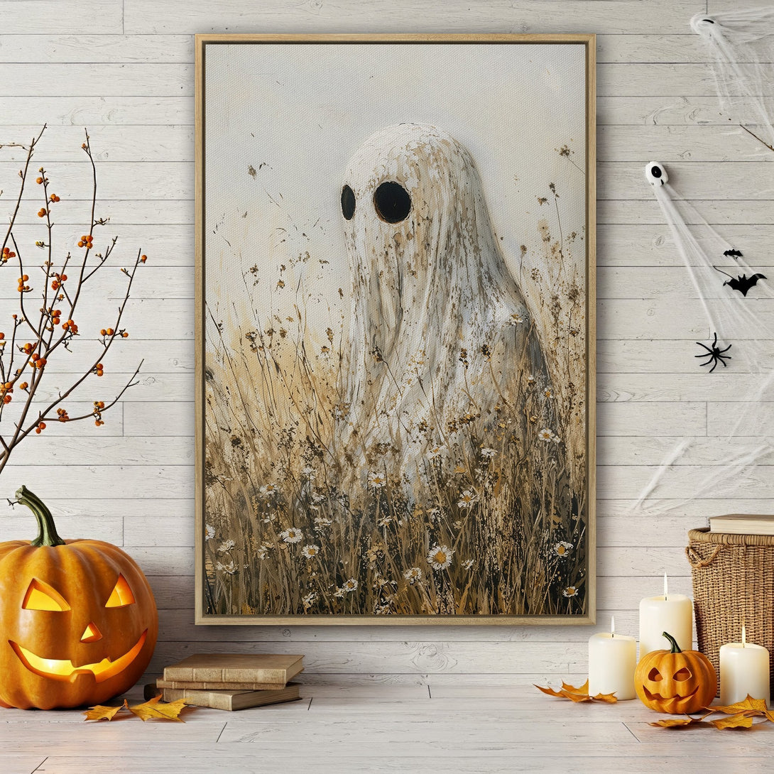 Framed Wall Art: Spooky ghost in a field. Rustic style with a neutral, earthy color palette. Perfect Halloween decor!