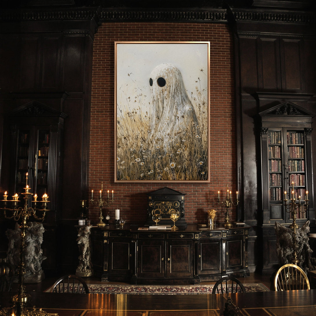 Framed Wall Art featuring a ghost in a field, displayed in a dark interior. Earthy color palette with a touch of mystery and gothic style. Perfect for any room!