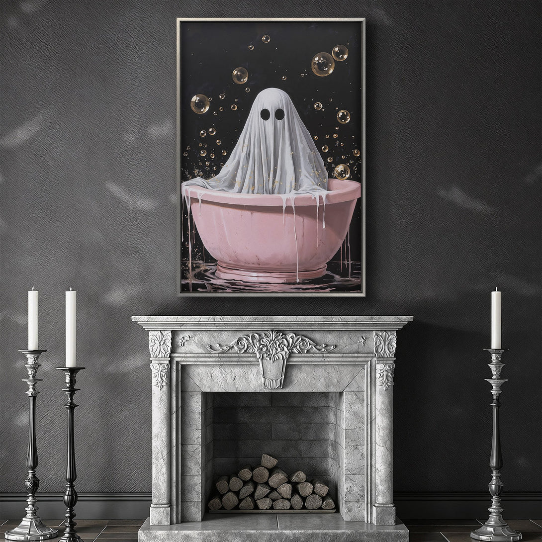 Framed Wall Art featuring a whimsical ghost in a pink bathtub. Dark, moody color palette with gold accents. Perfect spooky decor.