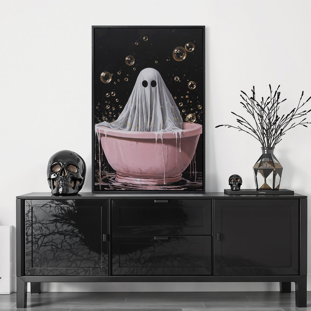 Framed Wall Art: Whimsical ghost in a bathtub with a black background. Modern style with a pink and black color palette. Perfect for Halloween decor.