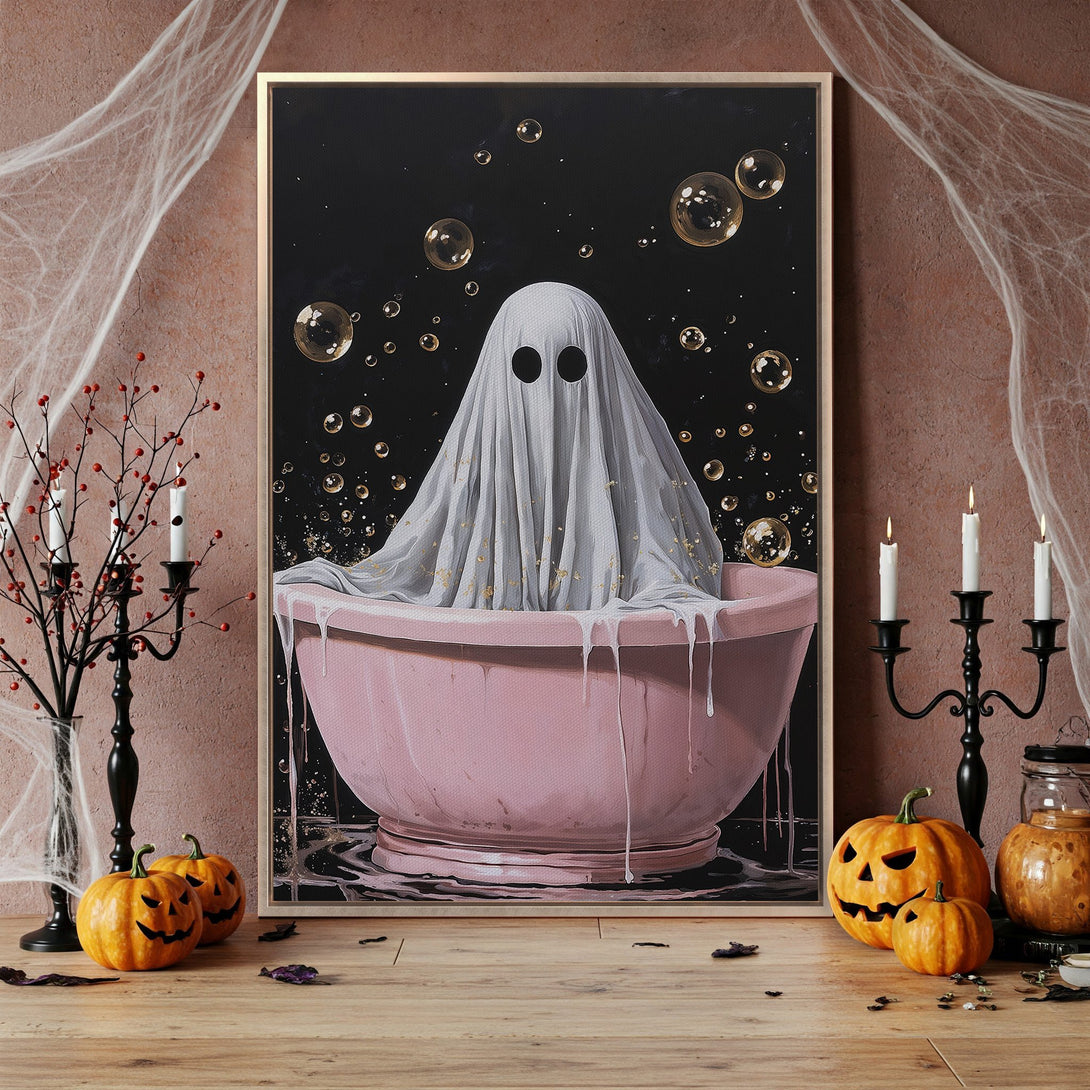 Framed Wall Art: Whimsical ghost in a bathtub, black background, gold accents. Halloween decor with a pink and black color palette. Perfect for spooky season!