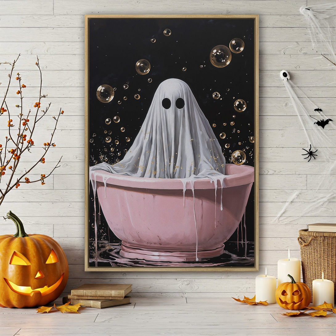 Framed Wall Art: Whimsical ghost in a pink bathtub with bubbles on a black background. Halloween decor with a spooky, playful vibe.