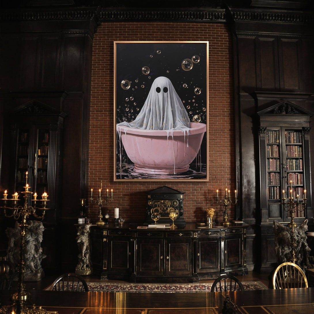 Framed Wall Art: Whimsical ghost in a bathtub. Modern art with a playful, spooky theme. Features a black, pink, and gold color palette. Elevate your space!