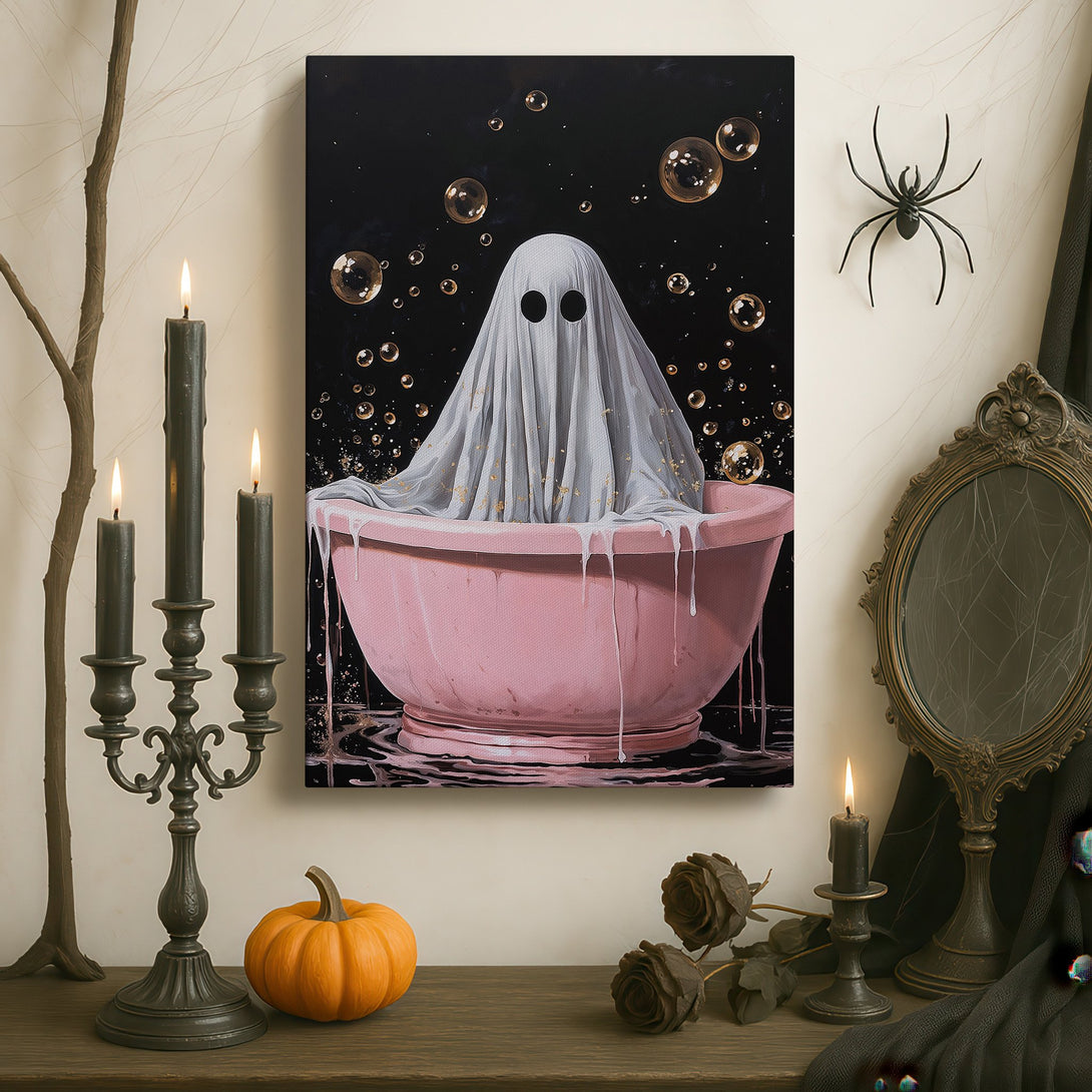 Framed Wall Art: Whimsical ghost in a pink bathtub. Modern art with a black, pink, and gold color palette. Perfect for adding a unique touch to your home.