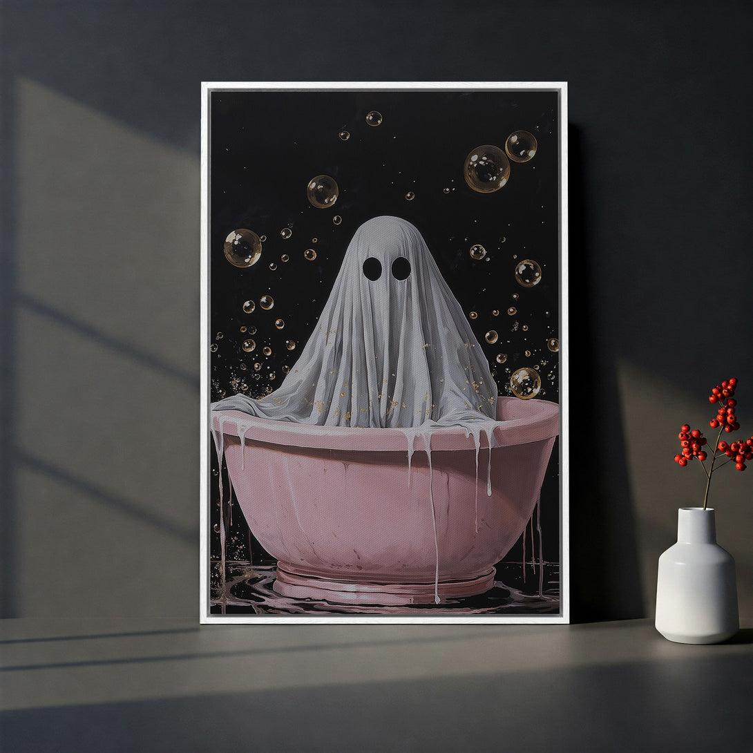 Framed Wall Art: Whimsical ghost in a bathtub with bubbles. Modern art style, featuring a black, pink, and gold color palette. Perfect for Halloween decor!