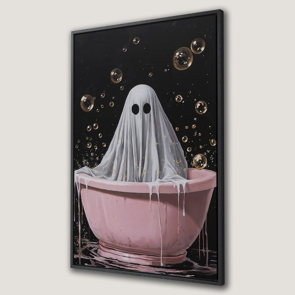 Framed Wall Art featuring a whimsical ghost in a bathtub. Modern art style with a black, pink, and gold color palette. Perfect for Halloween decor!