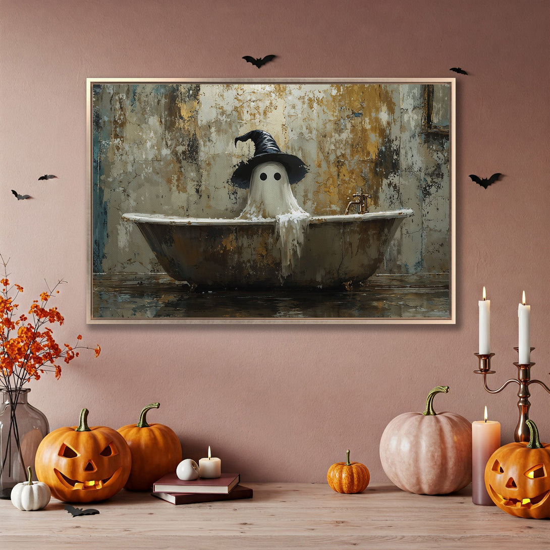 Framed Wall Art: Whimsical ghost in a bathtub, Halloween decor in rustic style with a warm, earthy color palette. Perfect for spooky season!