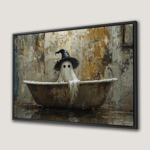 Framed Wall Art: Whimsical ghost in a witch hat taking a bath. Rustic style with a warm, earthy color palette, perfect for Halloween decor.