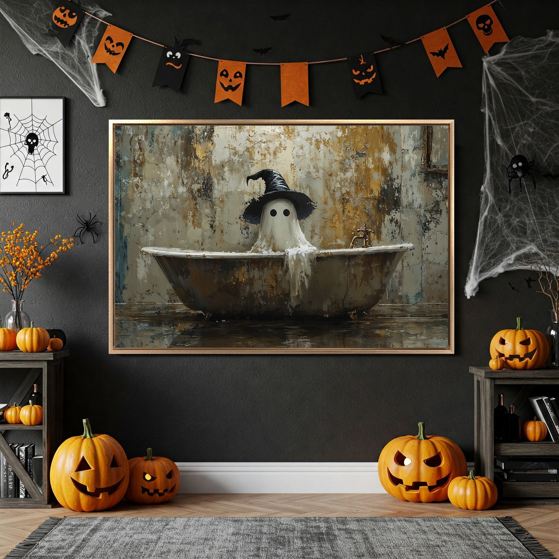 Framed Wall Art: Spooky ghost in a bathtub, Halloween decor. Abstract style, neutral & gold tones for a unique, festive touch.