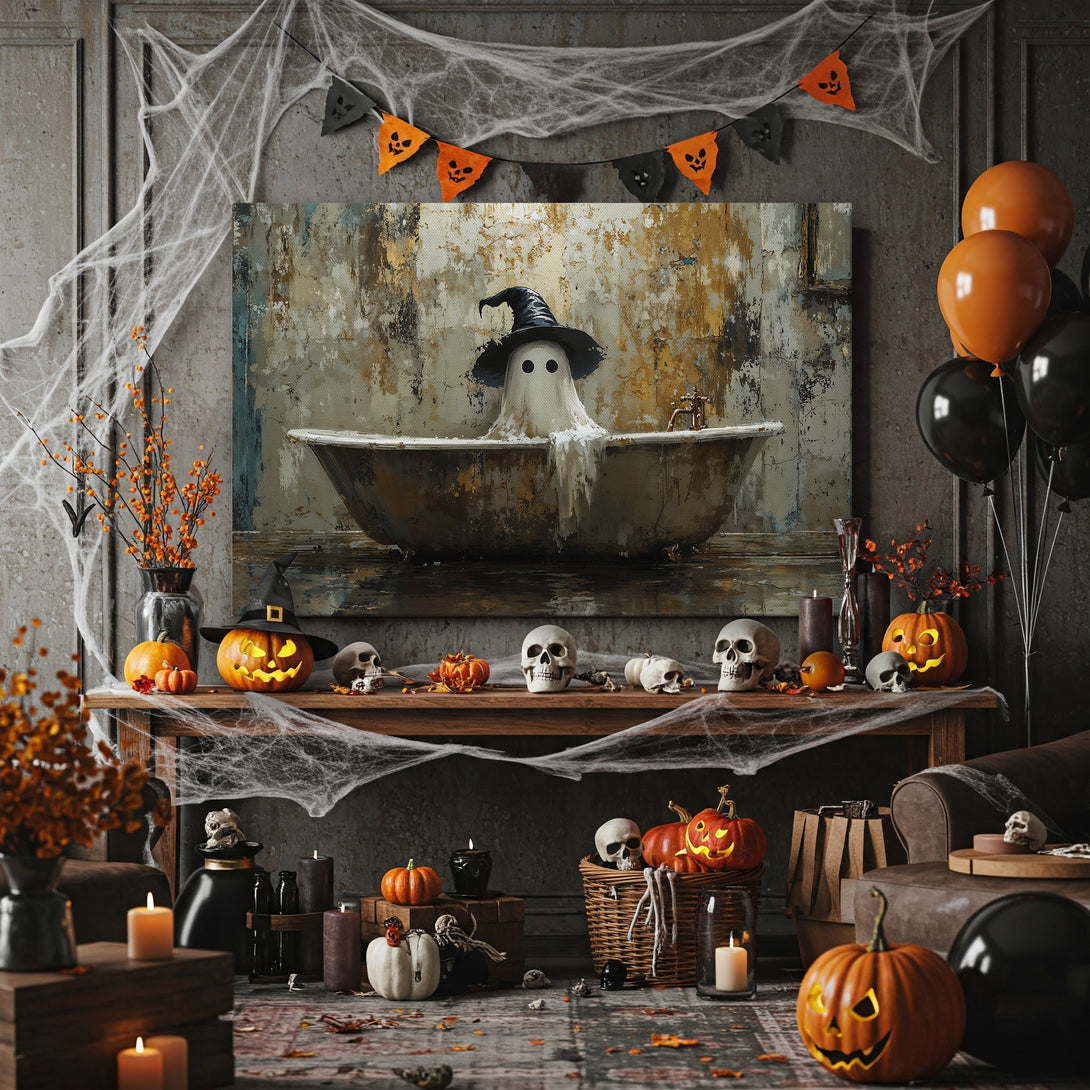 Framed Wall Art: Spooky ghost in a bathtub, Halloween-themed art with a vintage, grunge style. Earthy tones with pops of blue and gold. Perfect for fall decor!