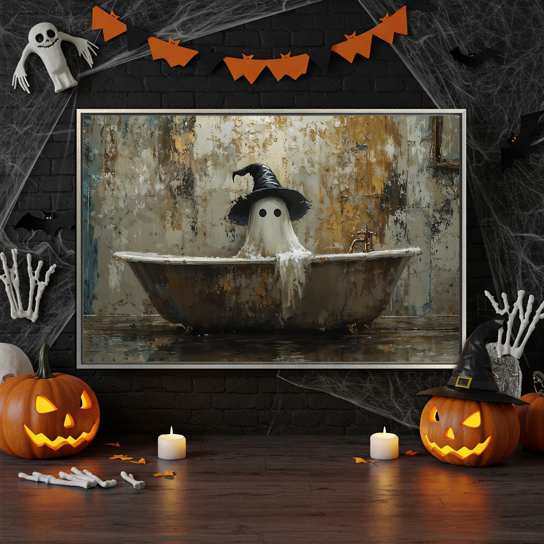Framed Wall Art: Spooky ghost in bathtub art, Halloween decor. Rustic style with gold, grey, and blue tones. Perfect for a haunted home!