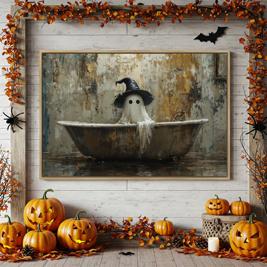 Framed Wall Art: Spooky ghost in a bathtub, Halloween decor. Rustic style with gold, blue, and brown tones. Perfect for fall!