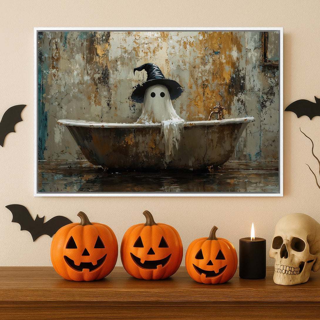 Framed Wall Art: Spooky ghost in a bathtub, abstract style, with a rustic color palette. Perfect Halloween decor!