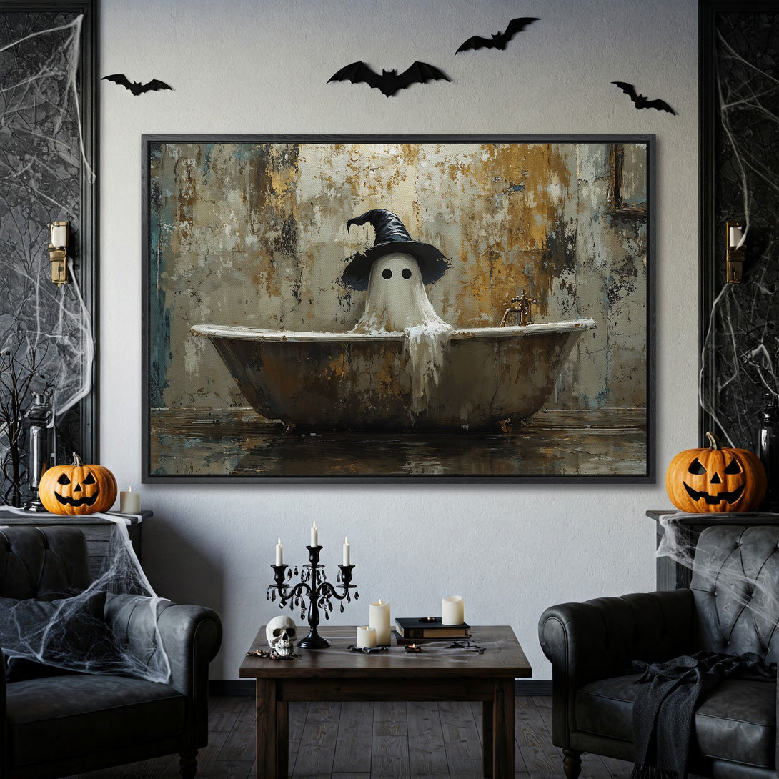 Framed Wall Art: Spooky ghost in a bathtub, Halloween art, warm color palette. Perfect for seasonal decor!