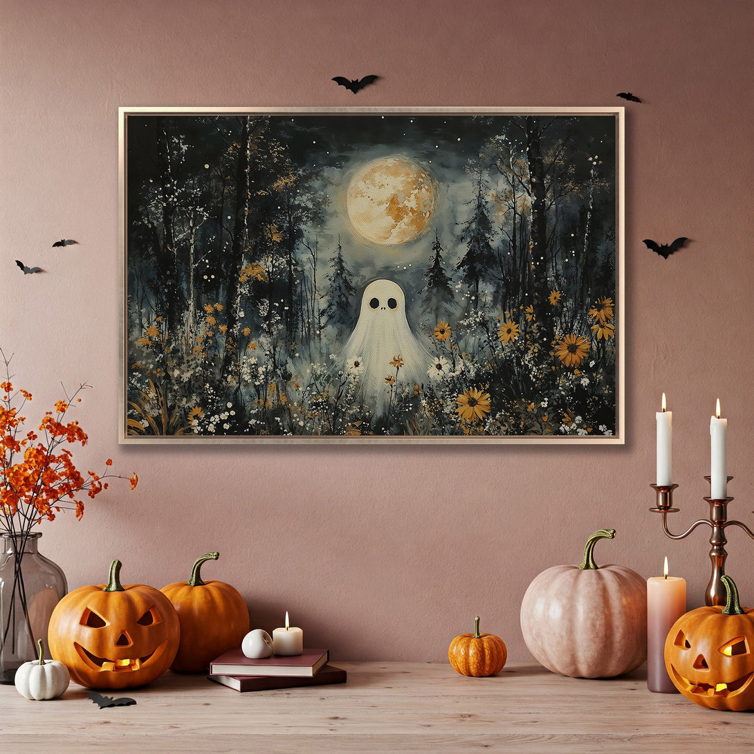 Framed Wall Art: Spooky ghost in a moonlit forest. Dark, moody color palette with gold accents. Perfect Halloween decor.