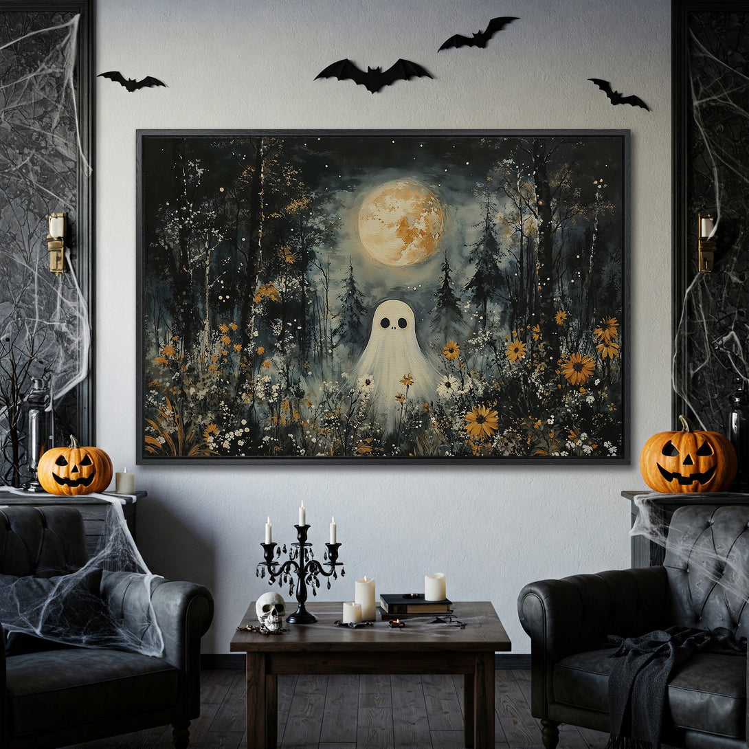Framed Wall Art: Spooky ghost in a forest with a full moon. Dark, moody color palette perfect for Halloween decor.